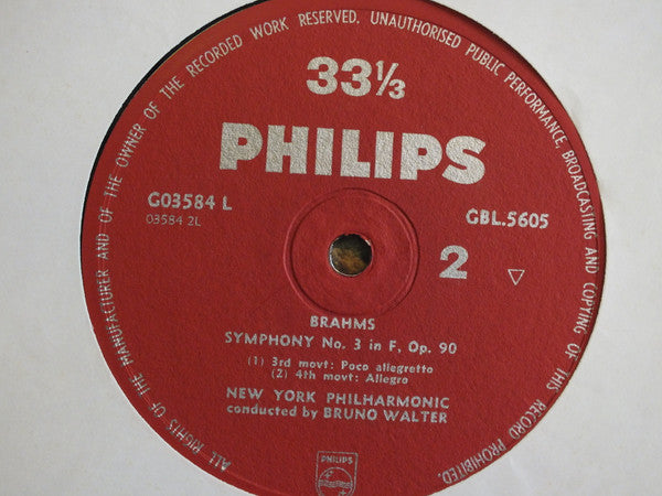Johannes Brahms / New York Philharmonic / Bruno Walter : Symphony No. 3 In F, Op. 90 (LP, Album, Mono)