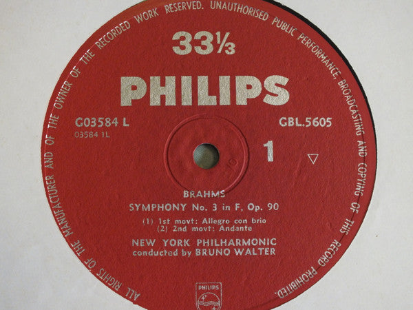 Johannes Brahms / New York Philharmonic / Bruno Walter : Symphony No. 3 In F, Op. 90 (LP, Album, Mono)