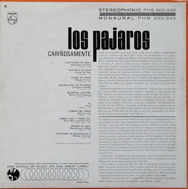 Los Pajaros : Cariñosamente (LP)