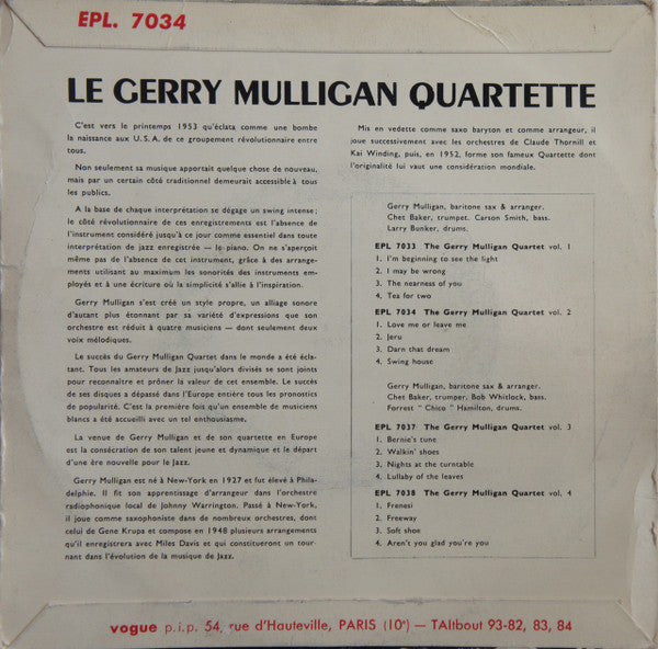 Gerry Mulligan Quartet : The Gerry Mulligan Quartet Vol. 2 (7", EP, 3-p)