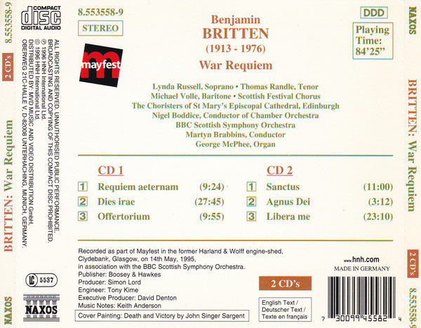 Benjamin Britten - Lynda Russell, Thomas Randle, Michael Volle, Scottish Festival Chorus Of The Edinburgh Festival, BBC Scottish Symphony Orchestra, Martyn Brabbins : War Requiem (2xCD)