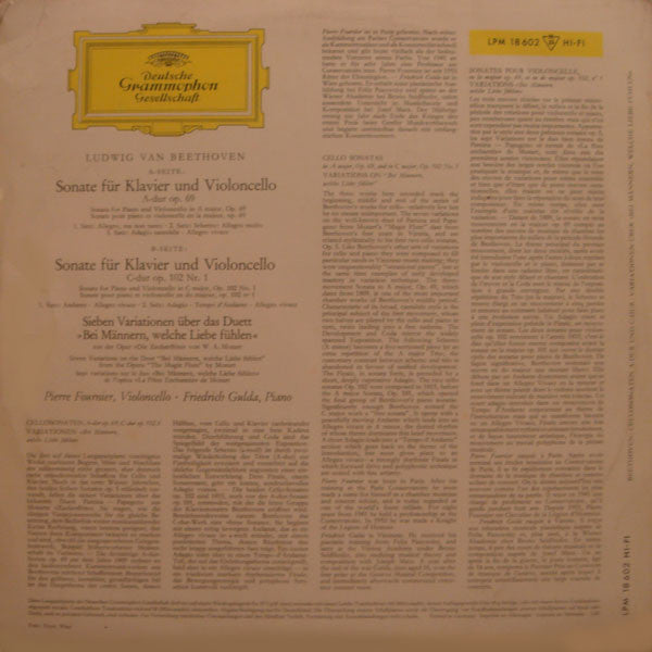 Ludwig van Beethoven, Pierre Fournier, Friedrich Gulda : Cellosonaten A-Dur Op. 69 Und C-Dur Op. 102 Nr. 1 • Variationen Über "Bei Männern, Welche Liebe Fühlen" Von Mozart (LP, Album, Mono)