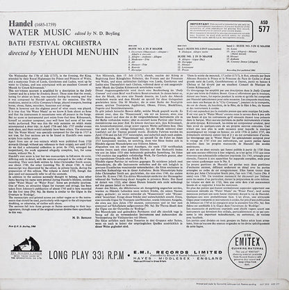 Georg Friedrich Händel, Bath Festival Orchestra Conducted By Yehudi Menuhin : Water Music (Complete) (LP)