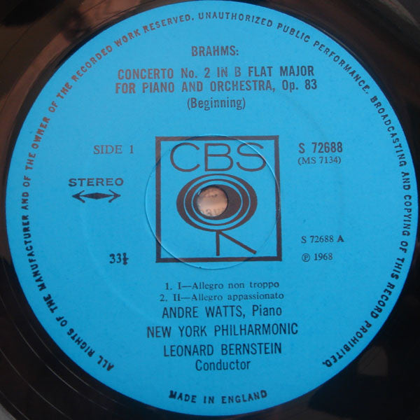 Johannes Brahms - André Watts, Leonard Bernstein, New York Philharmonic : Piano Concerto No. 2 In B Flat (LP, Album)
