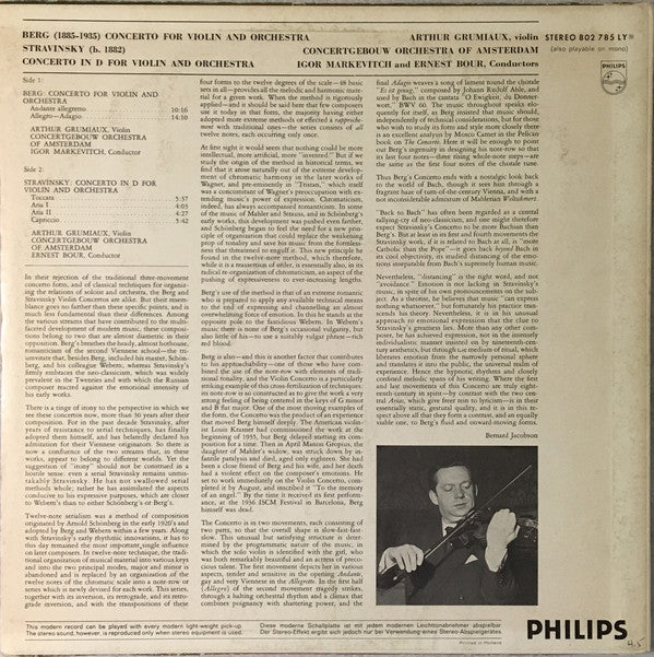 Alban Berg, Igor Stravinsky, Arthur Grumiaux, Concertgebouworkest, Igor Markevitch, Ernest Bour : Violin Concertos (LP, Album)