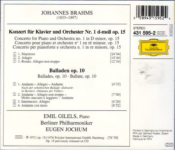 Johannes Brahms - Emil Gilels, Eugen Jochum, Berliner Philharmoniker : Klavierkonzert No.1, 4 Balladen (CD, Comp)