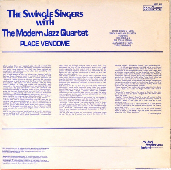 Les Swingle Singers With The Modern Jazz Quartet : Place Vendome (LP, Album, RE)