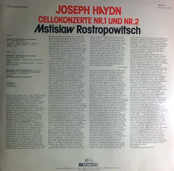 Joseph Haydn - Mstislav Rostropovich - The Academy Of St. Martin-in-the-Fields - Iona Brown : Cellokonzerte D-dur Und C-dur (LP, Club, RE)