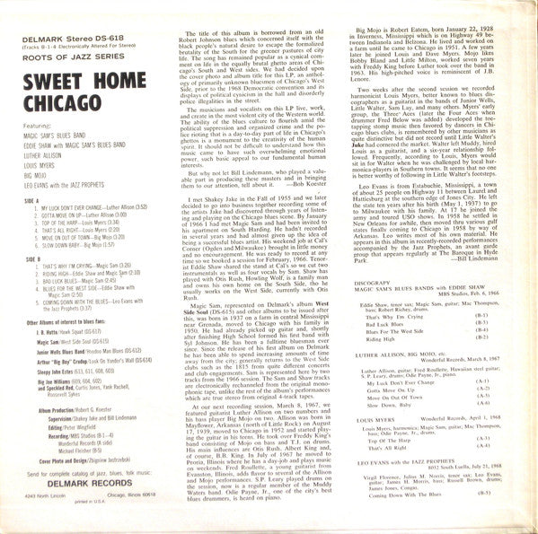 Various : Sweet Home Chicago (The Blues Of Magic Sam, Luther Allison, Big Mojo, Eddie Shaw, Louis Myers, Lucky Lopez) (LP, Album, RE)