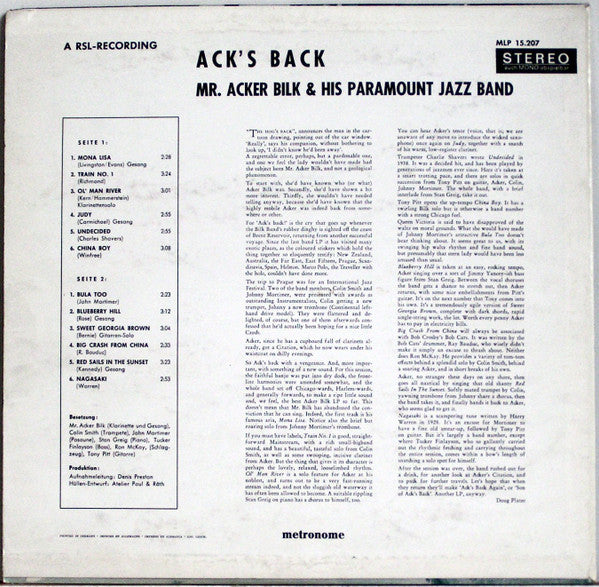 Acker Bilk And His Paramount Jazz Band : Ack's Back (LP, Album, RE)