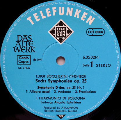 Luigi Boccherini, Orchestra Del Teatro Comunale Di Bologna, Angelo Ephrikian : Symphonien Op. 35 Nr. 1 - 6 (3xLP, RE + Box)