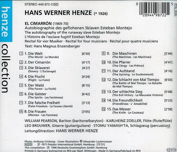 Hans Werner Henze - William Pearson •  Karlheinz Zöller •  Leo Brouwer •  Stomu Yamash'ta : El Cimarrón-(The Autobiography Of The Slave Esteban Montejo) (CD, Album, RE)