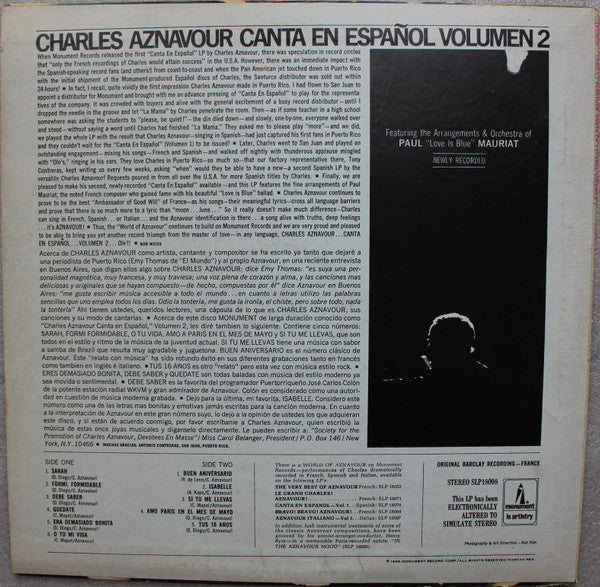 Charles Aznavour : Canta En Espanol Volumen 2  (LP)