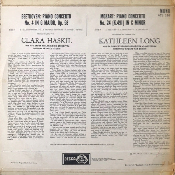 Clara Haskil, Kathleen Long - Ludwig van Beethoven / Wolfgang Amadeus Mozart : Piano Concerto No・4 / Piano Concerto No・24 (LP, Comp, Mono)