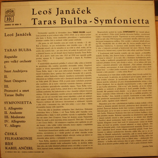 Leoš Janáček, The Czech Philharmonic Orchestra, Karel Ančerl : Taras Bulba / Symfonietta (LP, Album, RE)