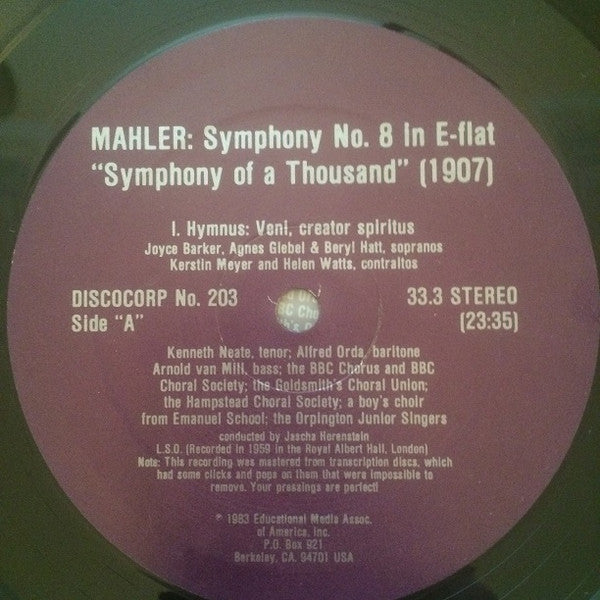 Gustav Mahler - Jascha Horenstein / London Symphony Orchestra, Heinrich Rehkemper / Das Orchester Der Staatsoper Berlin / Jascha Horenstein : Symphony No. 8 In E-Flat (2xLP, Mono, gat)