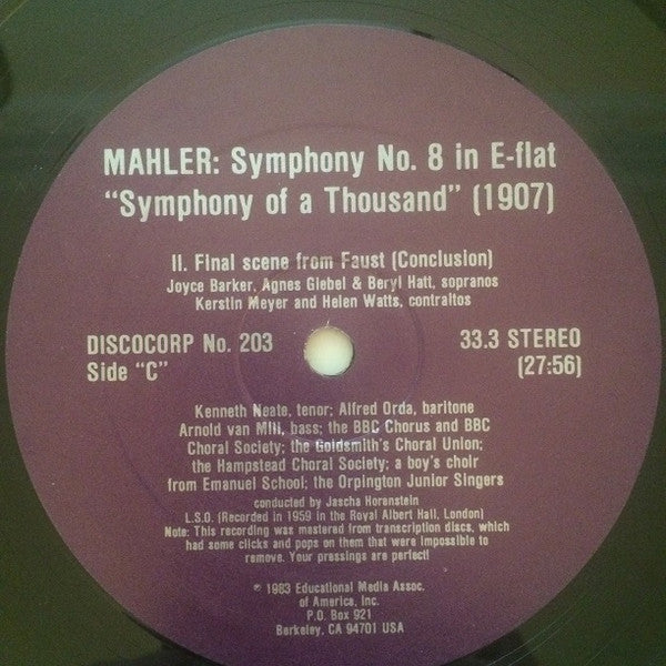 Gustav Mahler - Jascha Horenstein / London Symphony Orchestra, Heinrich Rehkemper / Das Orchester Der Staatsoper Berlin / Jascha Horenstein : Symphony No. 8 In E-Flat (2xLP, Mono, gat)