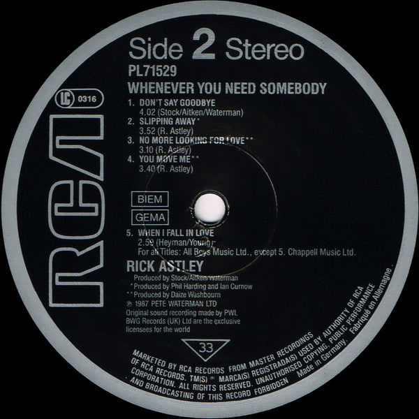 Rick Astley : Whenever You Need Somebody (LP, Album)