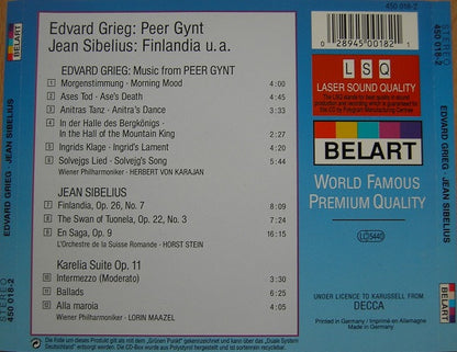 Edvard Grieg, Jean Sibelius, Herbert von Karajan, Horst Stein, Lorin Maazel, Wiener Philharmoniker, L'Orchestre De La Suisse Romande : Peer Gynt / Finlandia / En Saga / Karelia Suite (CD, Album, Comp)