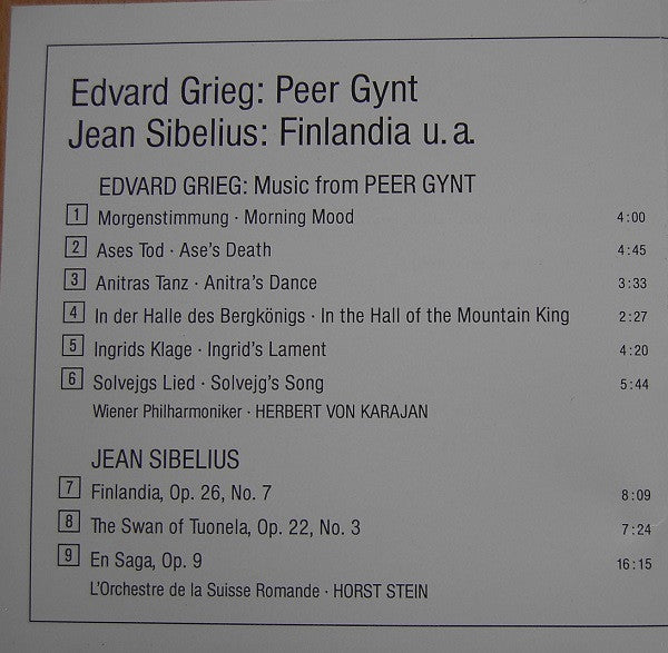Edvard Grieg, Jean Sibelius, Herbert von Karajan, Horst Stein, Lorin Maazel, Wiener Philharmoniker, L'Orchestre De La Suisse Romande : Peer Gynt / Finlandia / En Saga / Karelia Suite (CD, Album, Comp)