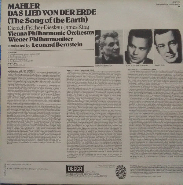 Gustav Mahler - James King (3), Dietrich Fischer-Dieskau, Wiener Philharmoniker, Leonard Bernstein : Das Lied Von Der Erde (LP, Album, RE)