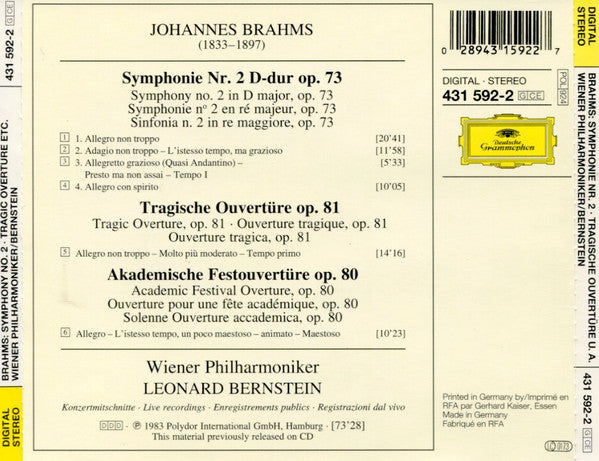 Johannes Brahms, Leonard Bernstein, Wiener Philharmoniker : Symphonie No. 2 / Tragische Ouvertüre / Akademische Festouvertüre (CD, Album)