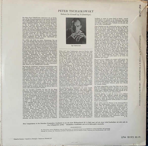 Pyotr Ilyich Tchaikovsky / Igor Markevitch, Berliner Philharmoniker : Symphony No. 6 In B Minor, Op. 74 (Pathétique) (LP, Mono)