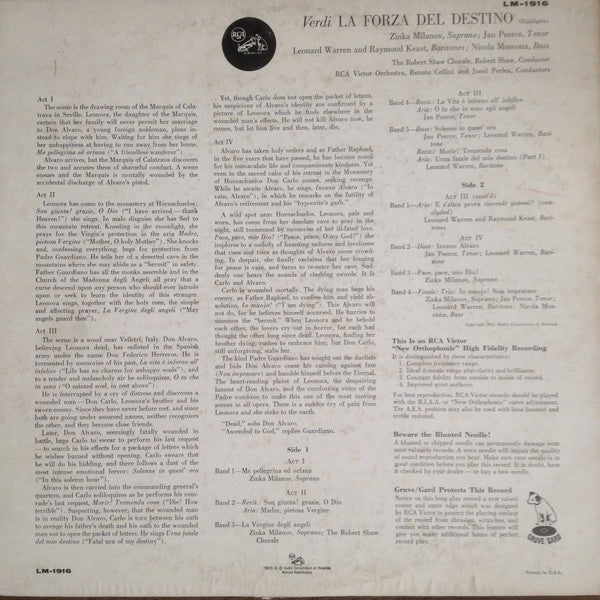 Giuseppe Verdi, Zinka Milanov, Jan Peerce, Leonard Warren, Raymond Keast, Nicola Moscona, The Robert Shaw Chorale, Robert Shaw, RCA Victor Symphony Orchestra, Renato Cellini, Jonel Perlea : La Forza Del Destino/The Force Of Destiny (Highlights) (LP, Mono)