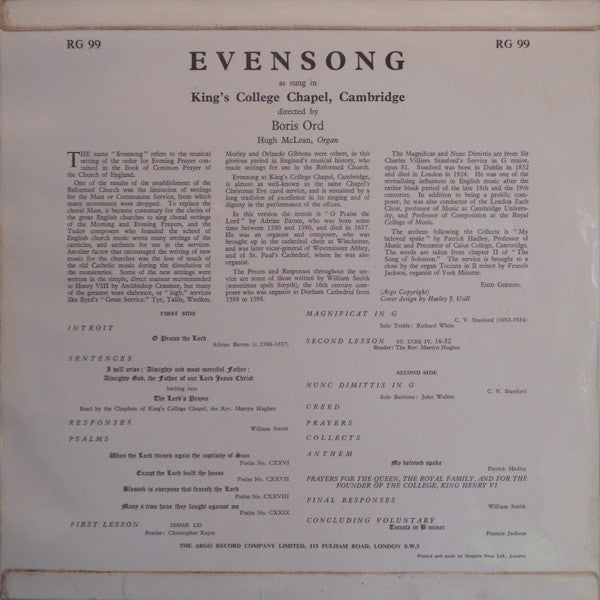 The King's College Choir Of Cambridge Directed By Boris Ord : Evensong (LP, Mono)