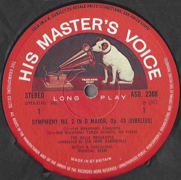 Jean Sibelius, Sir John Barbirolli, Hallé Orchestra : Symphony No. 2 In D / The Swan Of Tuonela (LP)