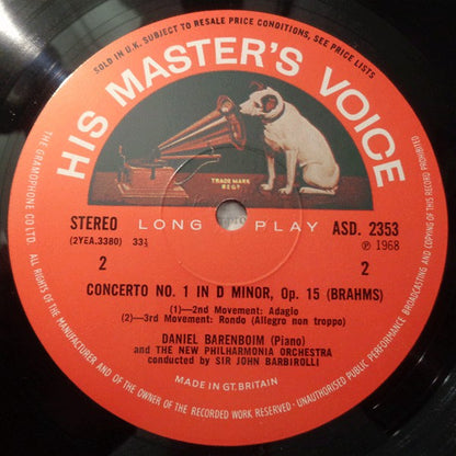 Johannes Brahms - Daniel Barenboim, Sir John Barbirolli, New Philharmonia Orchestra : Piano Concerto No. 1 In D Minor (LP)