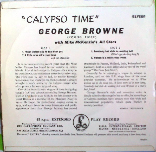 George Browne With Mike Mckenzie's All Stars And The Ebonaires (2) : Calypso Time (7", EP)