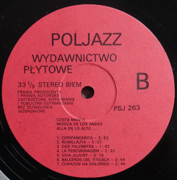 Costa Manta : Musica de Los Andes  - Alla En Lo Alto (LP, Album)