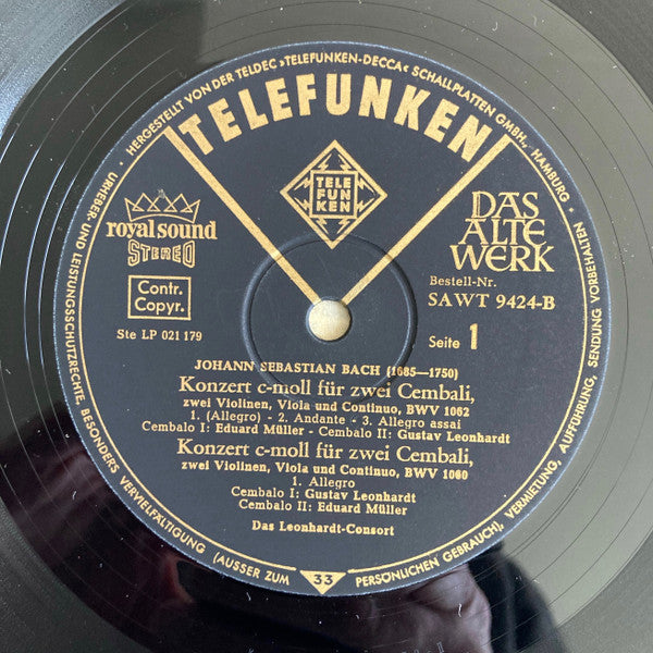 Johann Sebastian Bach –  Leonhardt-Consort : Konzert Für Zwei Und Vier Cembali, C-Moll, A-Moll BWV 1062, BWV 1060, BWV 1065 (LP, Album)