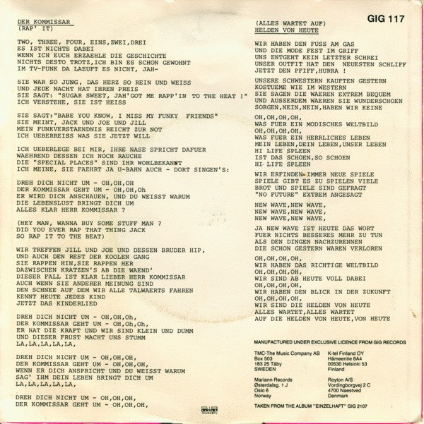 Falco : Der Kommissar / Helden Von Heute (7", Single)