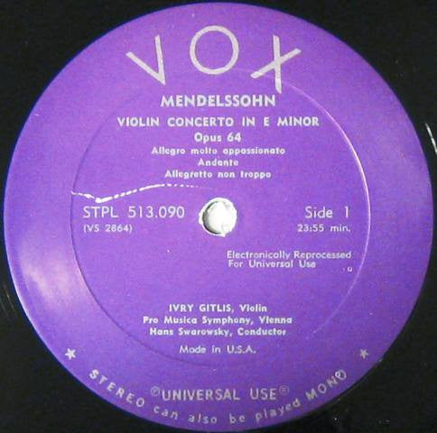 Felix Mendelssohn-Bartholdy / Max Bruch, Ivry Gitlis, Vienna Pro Musica Orchestra, Hans Swarowsky : Violin Concerti (Violin Concerto In E Minor Op. 64 / Violin Concerto No. 1 In G Minor Op. 26) (LP)