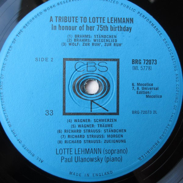 Lotte Lehmann : A Tribute To Lotte Lehman In Honor Of Her 75th Birthday (LP, Comp, Mono)