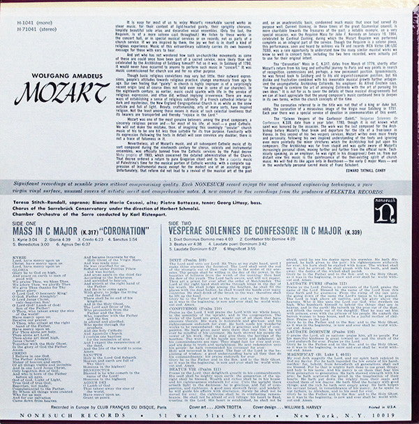 Wolfgang Amadeus Mozart − Teresa Stich-Randall, Bianca Maria Casoni, Pietro Bottazzo, György Littasy, Chor Der Musikhochschule Saarbrücken Under The Direction Of Herbert Schmolzi, Kammerorchester Des Saarländischen Rundfunks, Saarbrücken Conducted By Karl : Mass In C Major (K.317) "Coronation" / Vesperae Solennes De Confessore In C Major (K.339) (LP, Album)