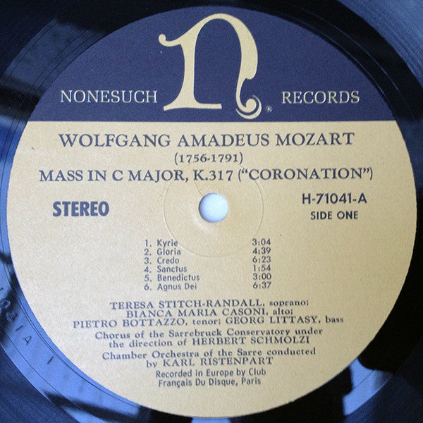 Wolfgang Amadeus Mozart − Teresa Stich-Randall, Bianca Maria Casoni, Pietro Bottazzo, György Littasy, Chor Der Musikhochschule Saarbrücken Under The Direction Of Herbert Schmolzi, Kammerorchester Des Saarländischen Rundfunks, Saarbrücken Conducted By Karl : Mass In C Major (K.317) "Coronation" / Vesperae Solennes De Confessore In C Major (K.339) (LP, Album)