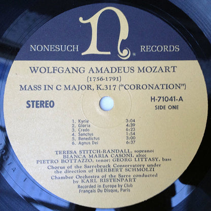 Wolfgang Amadeus Mozart − Teresa Stich-Randall, Bianca Maria Casoni, Pietro Bottazzo, György Littasy, Chor Der Musikhochschule Saarbrücken Under The Direction Of Herbert Schmolzi, Kammerorchester Des Saarländischen Rundfunks, Saarbrücken Conducted By Karl : Mass In C Major (K.317) "Coronation" / Vesperae Solennes De Confessore In C Major (K.339) (LP, Album)