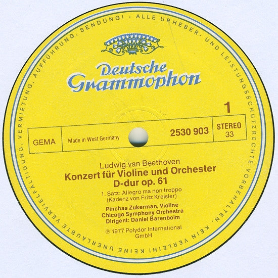 Ludwig van Beethoven, Pinchas Zukerman • Chicago Symphony Orchestra, Daniel Barenboim : Violinkonzert (LP)