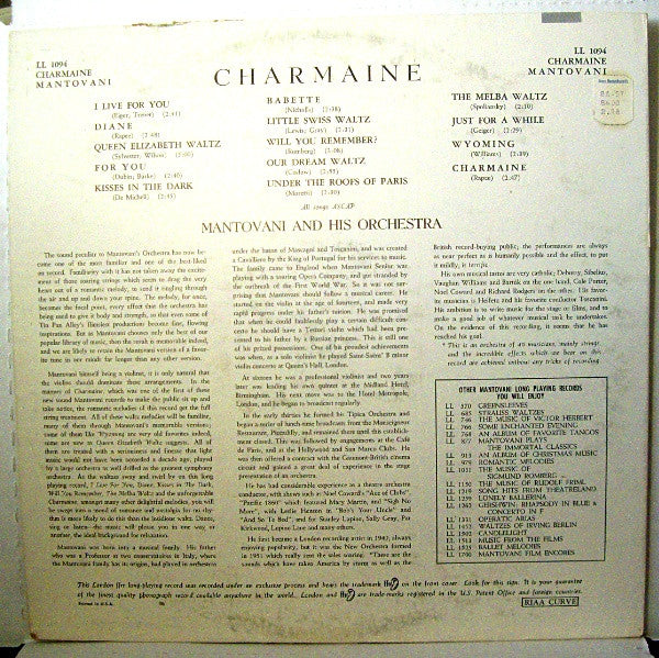 Mantovani And His Orchestra : Charmaine (LP, Album, Mono, RE)