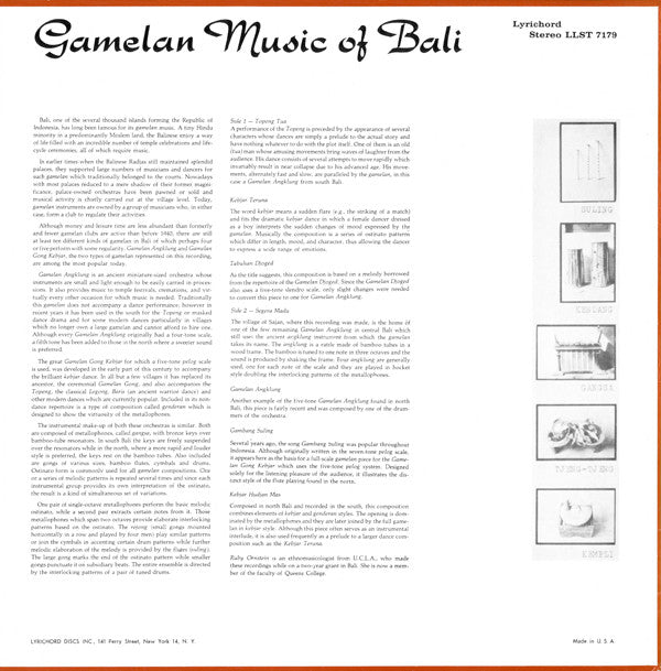 Unknown Artist : Gamelan Music Of Bali (LP, RE)
