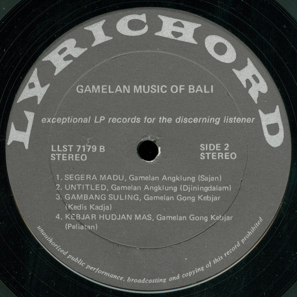 Unknown Artist : Gamelan Music Of Bali (LP, RE)