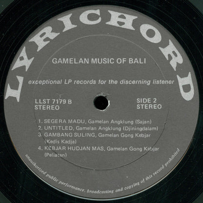 Unknown Artist : Gamelan Music Of Bali (LP, RE)