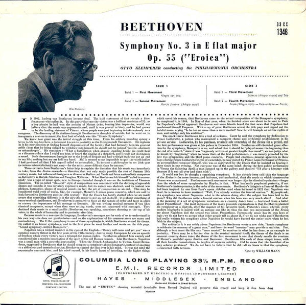 Ludwig Van Beethoven, Otto Klemperer Conducting Philharmonia Orchestra : Symphony No. 3 In E Flat Major Op. 55 "Eroica" (LP, Mono)