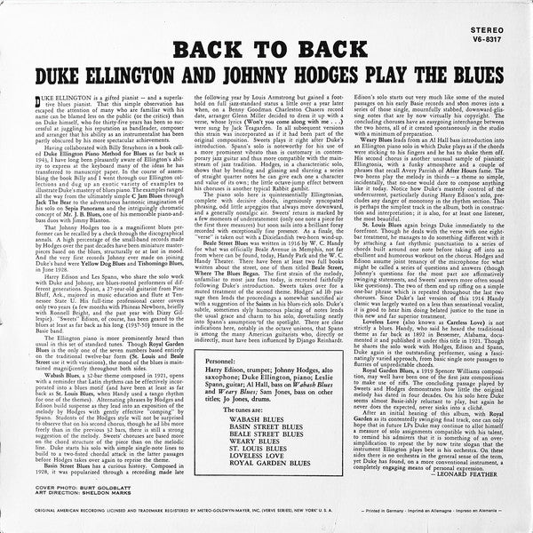 Duke Ellington & Johnny Hodges : Back To Back (Duke Ellington And Johnny Hodges Play The Blues) (LP, Album, RE)