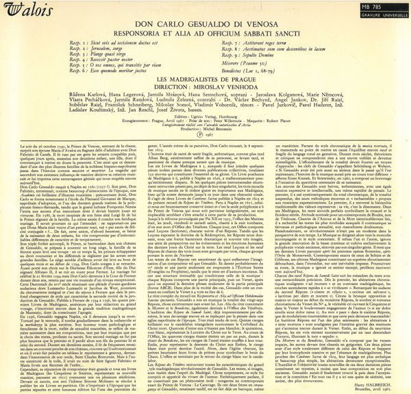 Carlo Gesualdo, Prague Madrigal Singers, Miroslav Venhoda : Responsoria Et Alia Ad Officium Sabbati Sancti (LP)