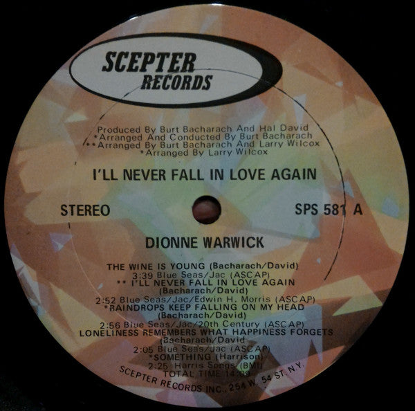 Dionne Warwick : I'll Never Fall In Love Again (LP, Album, RP)