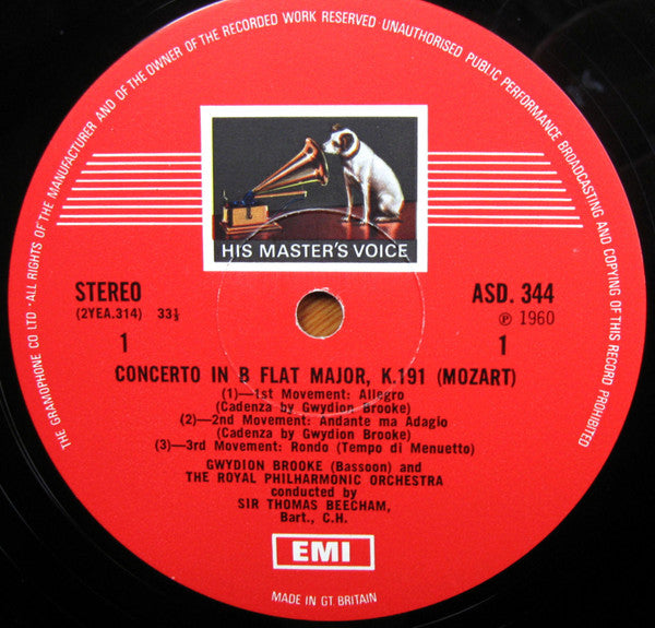 Wolfgang Amadeus Mozart - Gwydion Brooke, Jack Brymer, Royal Philharmonic Orchestra, Sir Thomas Beecham : Mozart Concerto's In B Flat Major, K.191 For Bassoon And Orchestra; In A Major, K.622 For Clarinet And Orchestra (LP, RE)